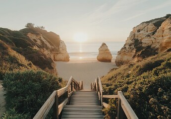 Photo of Algarve, Portugal with wooden stairs leading down to the beach at sunset