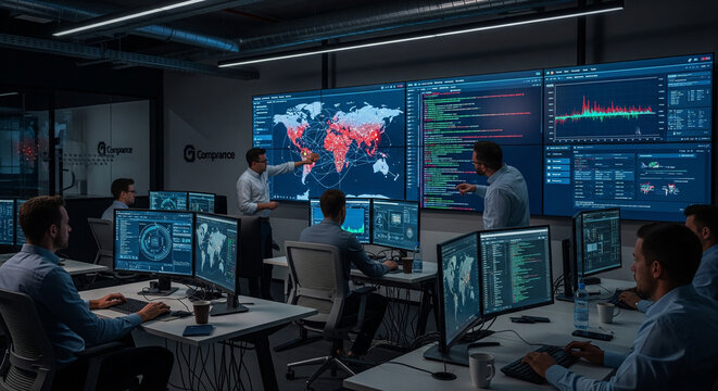 Global Operations Center Team Collaborating on World Map Data Displaying Real-Time Information