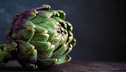 Fototapeta premium A single artichoke with green and purple hues rests against a dark backdrop—evoking natural complexity, layered resilience, and botanical elegance. A quiet study in texture, form, and mystery.