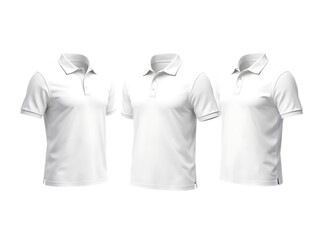 Three white polo shirts isolated on transparent background for branding and design