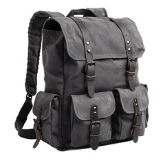Stylish Gray Canvas Backpack with Leather Accents for Travel and Everyday Use on transparent background