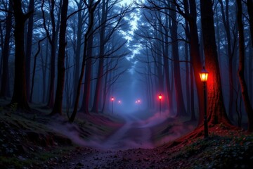 a spooky forest path lit by glowing orange lamps, purple shadows cast by trees, eerie green fog covering ground, surreal halloween haunted pathway design.