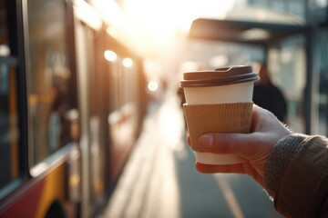 Hand grips disposable hot beverage cup waiting near bright public transportation vehicle under sunlight.