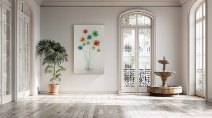 Bright flowers on wall, spacious room