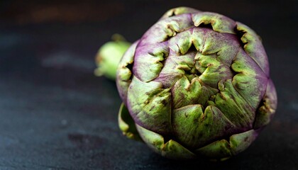 Fototapeta premium A single artichoke with green and purple hues rests against a dark backdrop—evoking natural complexity, layered resilience, and botanical elegance. A quiet study in texture, form, and mystery.