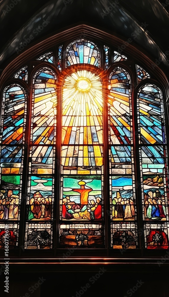 Poster sunlight streaming through beautiful stained glass in a serene chapel, creating a divine atmosphere