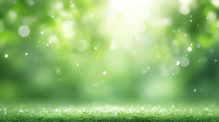 Green background with sunlight and bokeh effect creates fresh and peaceful atmosphere, featuring grass in foreground and blurred nature in distance for natural look
