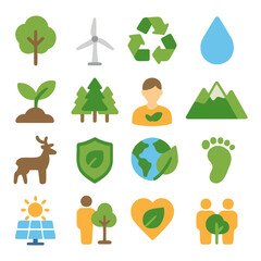Eco Icons: Vibrant flat icons of nature and environmental elements, showcasing a commitment to green living, sustainability, and the preservation of our planet.