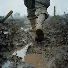 Obraz premium Soldier boots trudging mud battlefield illustration digital art military environment harsh weather AI generated scene image