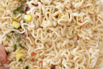 Noodles with spicy sauce and green onion chopped parts