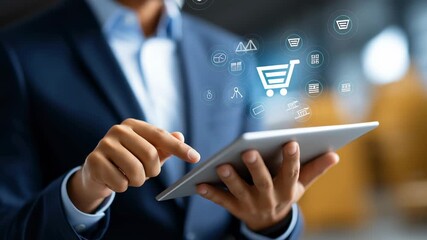 Businessman using tablet to explore digital shopping icons in contemporary office environment. Engaging atmosphere highlights online retail and technology integration - Powered by Adobe