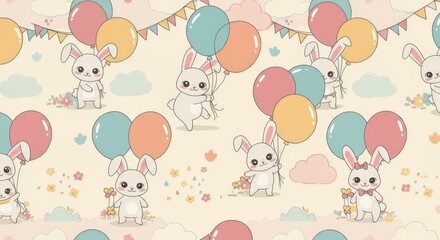 Cute Bunny Rabbits with Balloons Seamless Pattern Design.