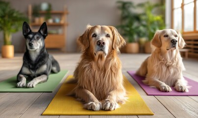 Three dogs of different breeds practice yoga on mats inside a bright, airy room with plants.