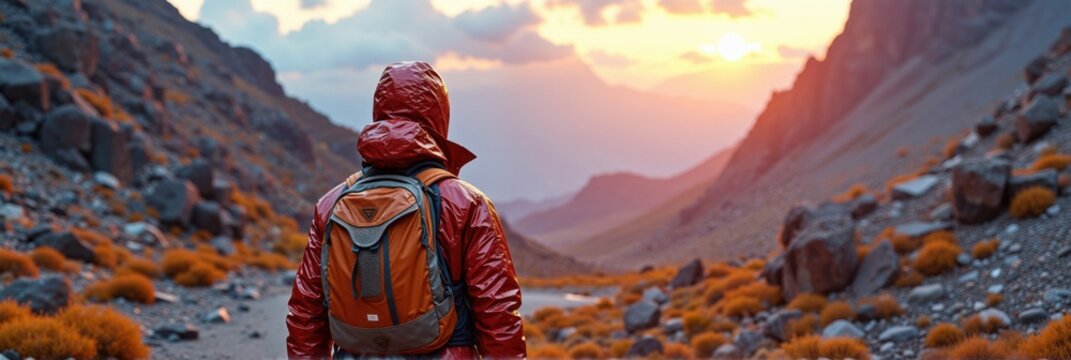Female hiker in red jacket enjoying mountain sunset in rocky landscape - Powered by Adobe