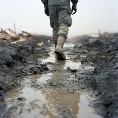Battlefield illustration muddy soldier boots walking dirt terrain digital military art war environment AI generated piece