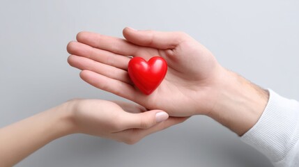 A vibrant red heart rests gently in the joined hands of a couple, symbolizing love and care against a clean backdrop.