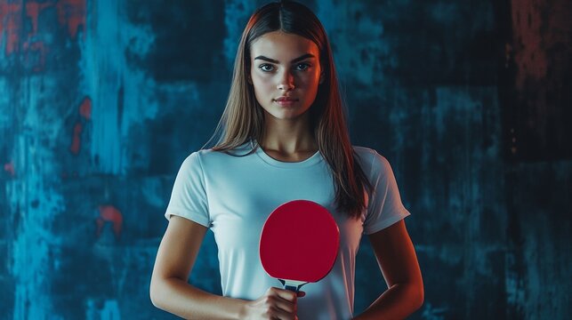 Intense female table tennis player holding paddle in spotlight