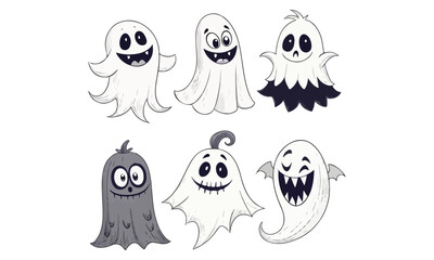 Spooky Halloween Witch, Haunted Houses, Pumpkins, Ghosts, and Bats Illustrations