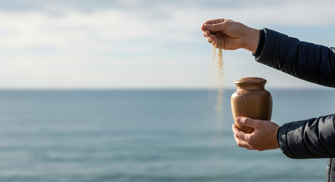 Scattering ashes during memorial service, small urn being used at sea, with hands releasing remains into ocean. Scattering ashes into calm water is a ritual, a way to say a last goodbye to loved one,