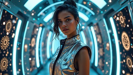 Futuristic tunnel with young female in silver vest surrounded by blue lights