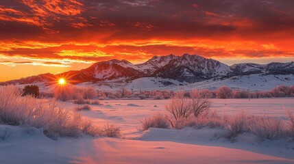 Fiery Winter Sunrise Over Snowy Mountains