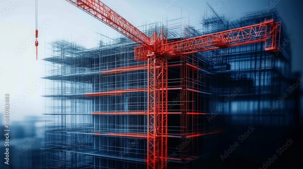 Aufkleber digital blueprint of modern building under construction with tower crane and structural framework