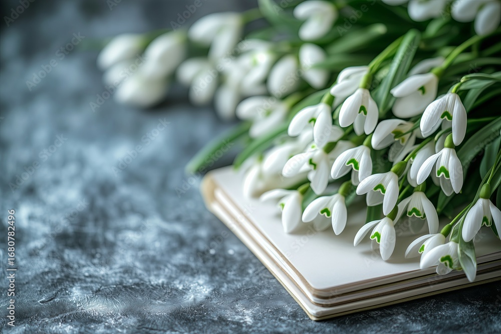 Fototapete snowdrops adorn a delicate background with a spring notebook offering a place to copy images or text
