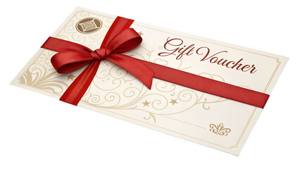 Fototapeta premium Gift voucher with red ribbon and decorative design on white background 