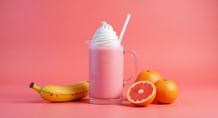 Pink smoothie with banana and grapefruit on a pink background in studio