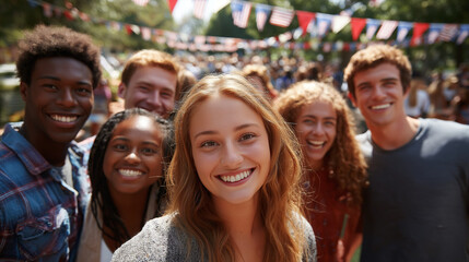 Homecoming . Group of diverse young friends smiling together at outdoor festival  