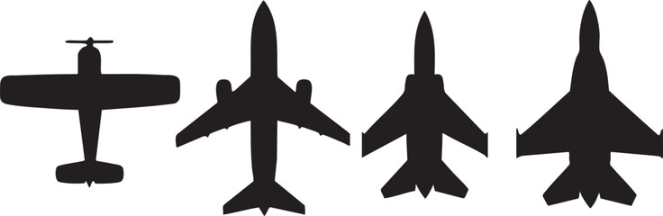 Airplane Silhouettes of Jet and Fighter Planes on White Background