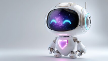 3D cartoon robot with glowing heart spreads love and joy