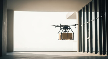 Modern photo of package delivery featuring unmanned aircraft. Package delivery via drone offers efficient transport in residential area.