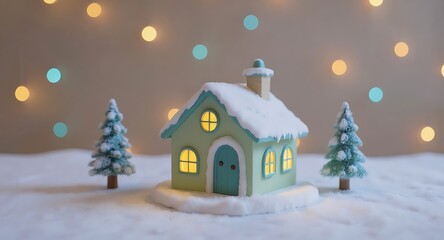 Miniature christmas house with snow and trees for holiday decoration
