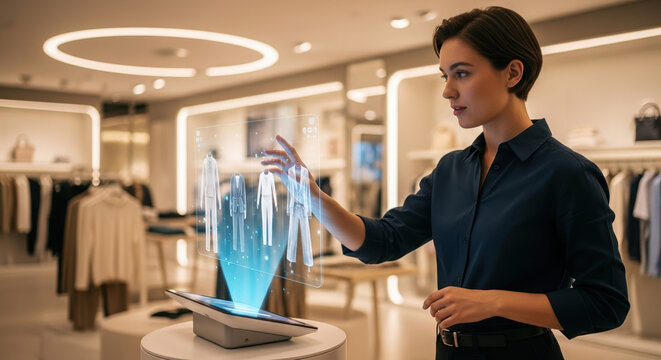 Woman interacts with a hologram display in clothing store. Woman in clothing store uses technology for new purchasing experience. Future of retail in clothing store through augmented reality.