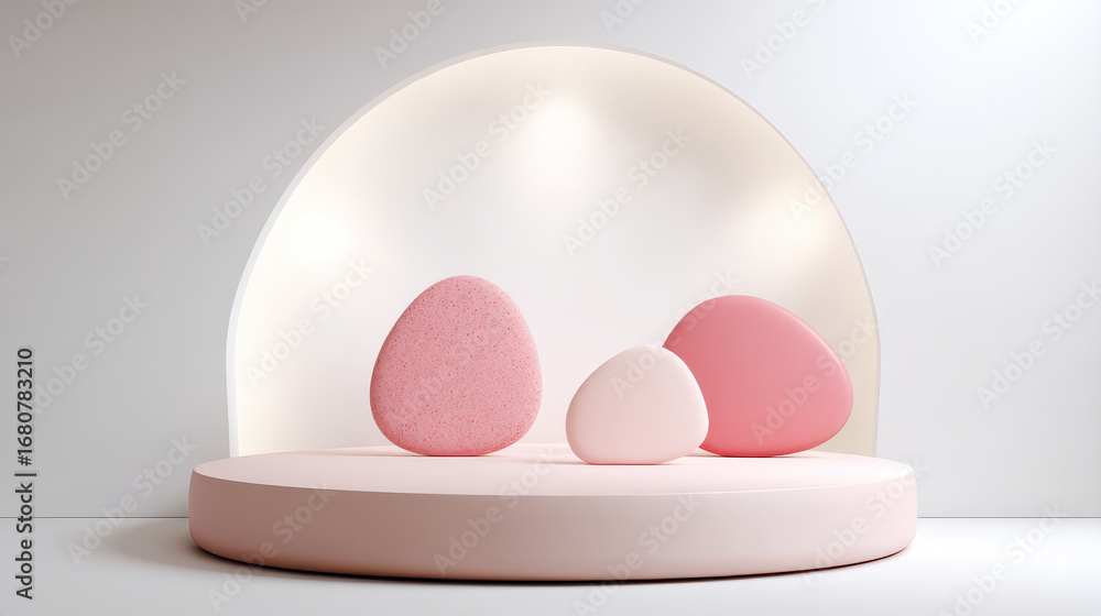 Poster soft pink and white abstract shapes on round platform with curved background create modern minimalis