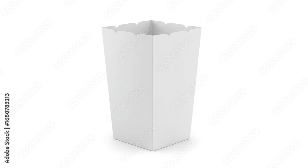 Poster a simple studio shot of a white cardboard popcorn container on a white background with soft shadows