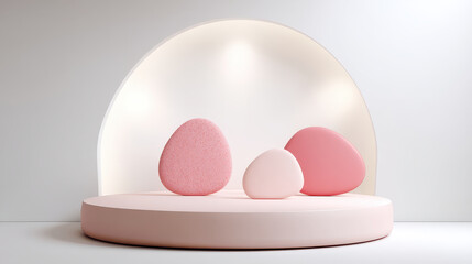 Fototapeta premium Soft pink and white abstract shapes on round platform with curved background create modern minimalist scene with gentle lighting and calm atmosphere