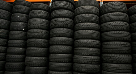 A close up shot of stacks of black tires piled high in a warehouse storage area showing treads and rubber