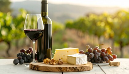 Elegant bottle of Grenache wine with wine glass and cheese board