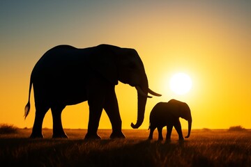 Fototapeta premium Silhouettes of adult elephant and baby walking together in savannah during golden sunset with bright light and vivid background in warm tones. Ai generative