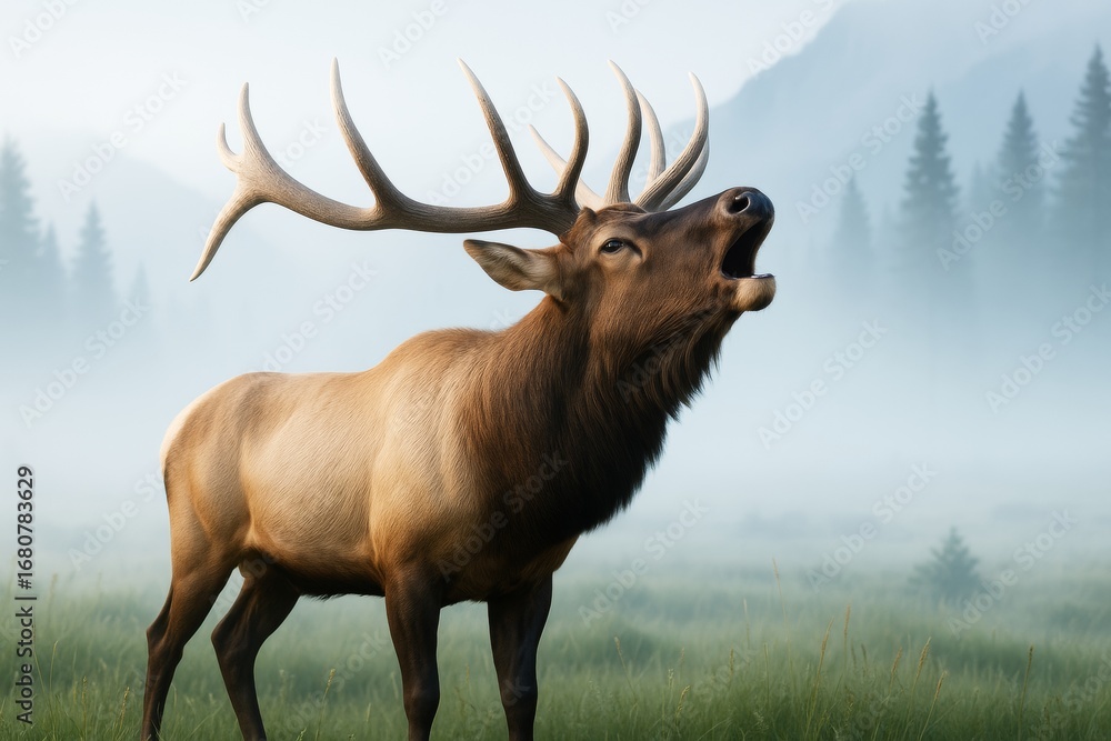 Poster majestic elk with large antlers calling out in misty forest landscape with mountain background and s