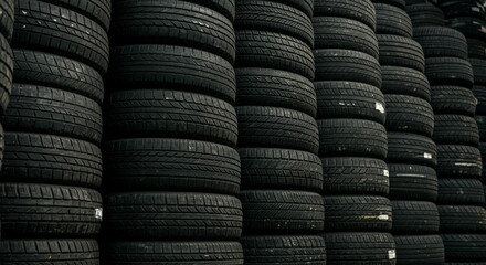 Stacks of black rubber tires piled high in a warehouse or storage facility creating a pattern view