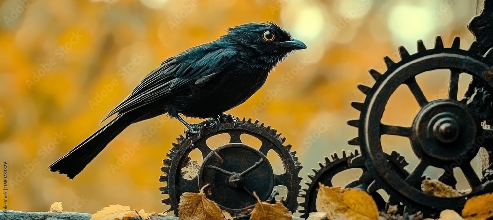 Aufkleber mechanical autumn scene featuring a dark mechanical sparrow resting on intricate gears and cogs