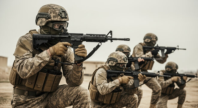 Military training exercise featuring soldiers in camouflage gear aiming rifles in formation, symbolizing armed forces teamwork.