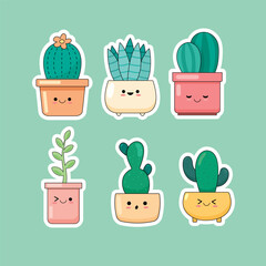 A cartoon vector illustration featuring a set of 6 adorable cactus and succulent plants with cute pots and faces