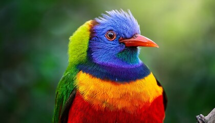 Fototapeta premium This is a stunning close-up of a vibrant, colorful exotic bird with brilliant red, orange, yellow, blue, and green feathers. The bird is perched on a branch with a soft, blurred green background