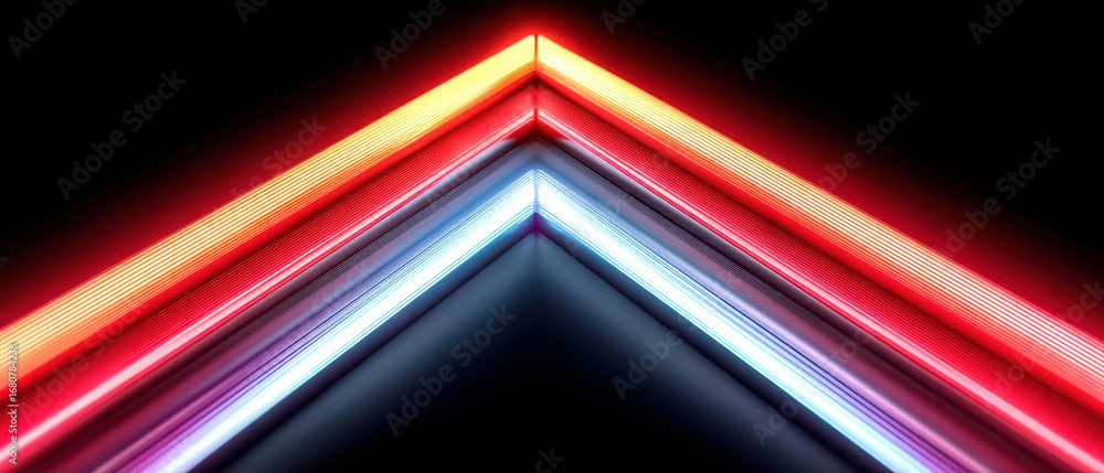 Poster vibrant neon background with glowing red and blue lines forming sharp geometric arrow shape on dark 
