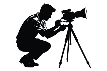 Crouching Photographer Silhouette Adjusting Camera on Tripod on White Background