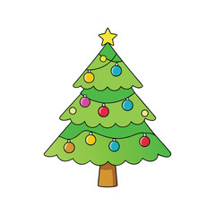 Festive cartoon christmas tree adorned with colorful lights and a golden star topper